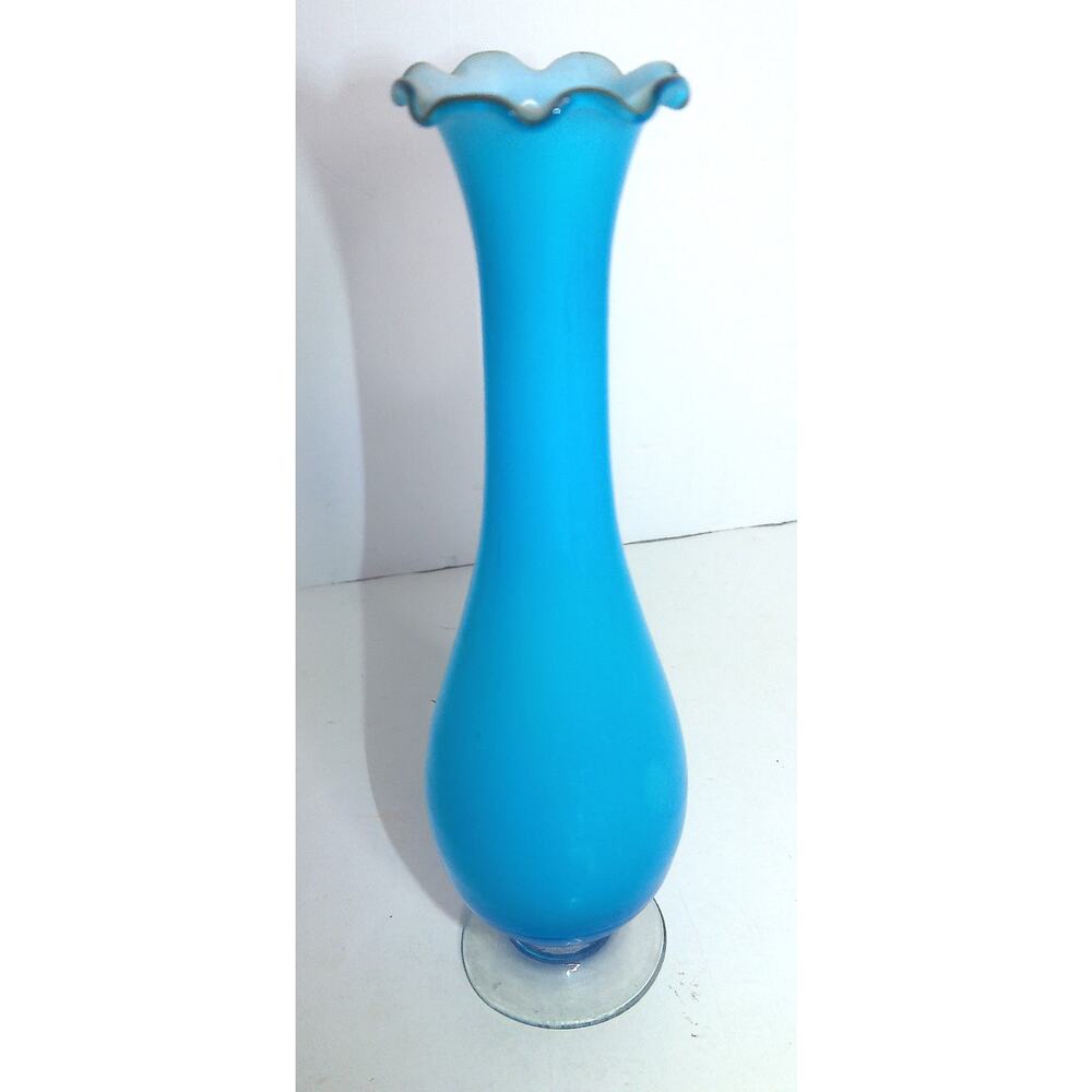 Vintage Turquoise Blue Cased Glass Ruffled Bud Vase 7.25" Polished Pontil MCM